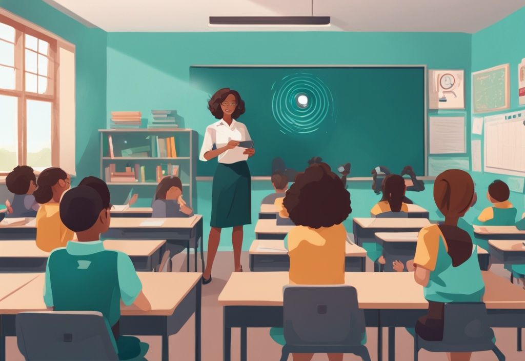 Realistic classroom illustration with teal theme, showing a teacher, students, and a visible security camera; is it illegal to have cameras in classrooms?