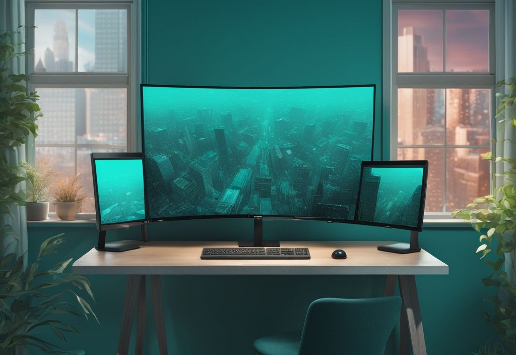 Comparison of 2K vs 1080p resolution on two monitors, showcasing detailed 2K image and slightly less detailed 1080p image, with teal color theme.