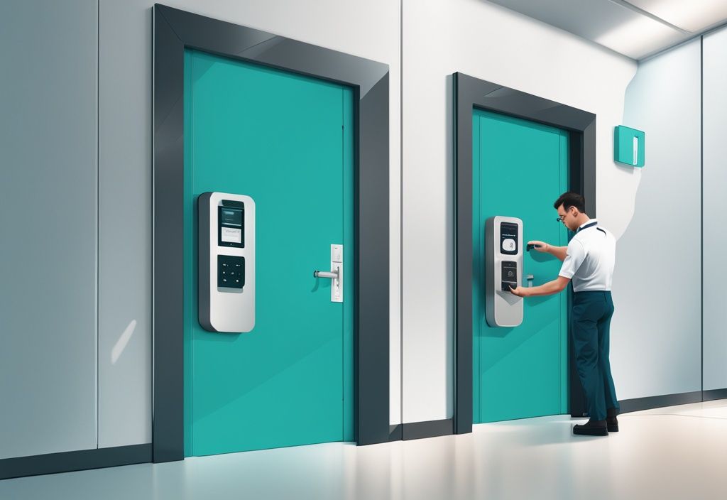 Professional technician installing access control system on modern office door, teal color theme