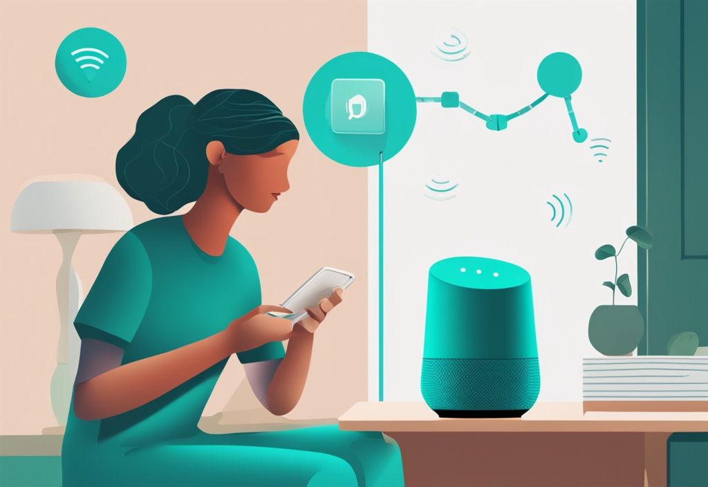 Person reconnecting Google Home device with wifi signal icon and router in background, teal color theme