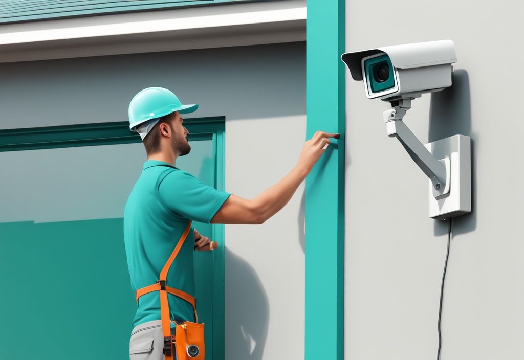 Professional technician installing CCTV camera on modern house exterior, teal theme