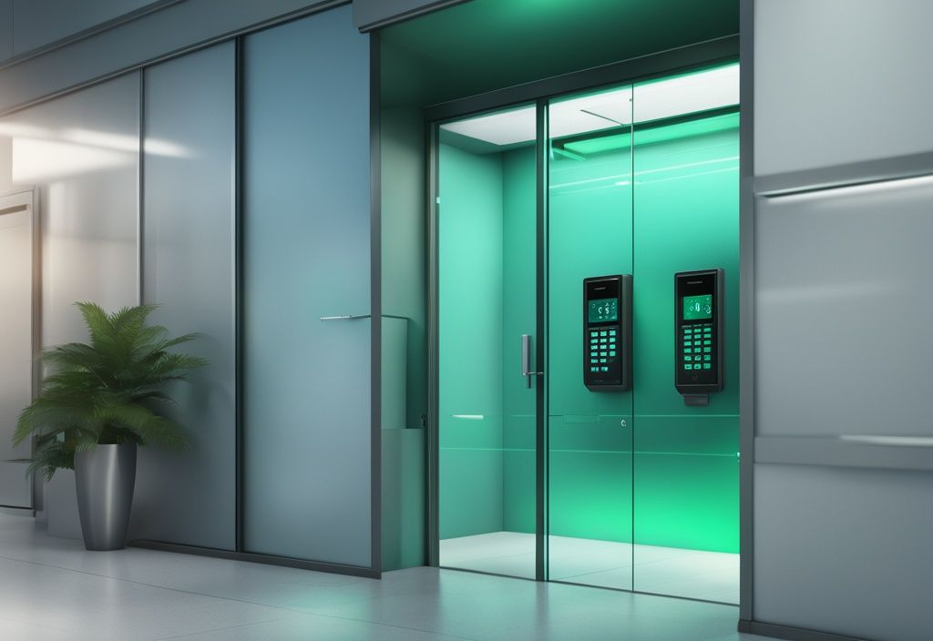 Modern office with digital keypad on glass door, green light indicating unlocked access, showcasing advanced access control system.