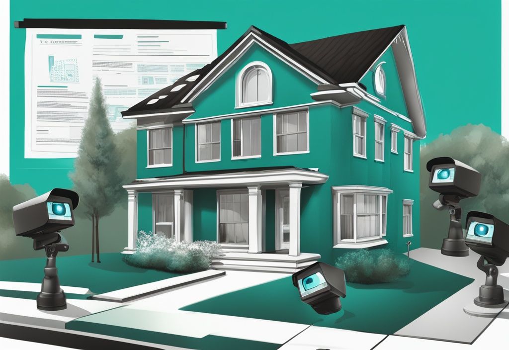 Realistic illustration of a suburban house with teal color theme, featuring outdoor surveillance cameras and transparent overlay of legal documents and law symbols, highlighting laws on outdoor surveillance cameras for home.