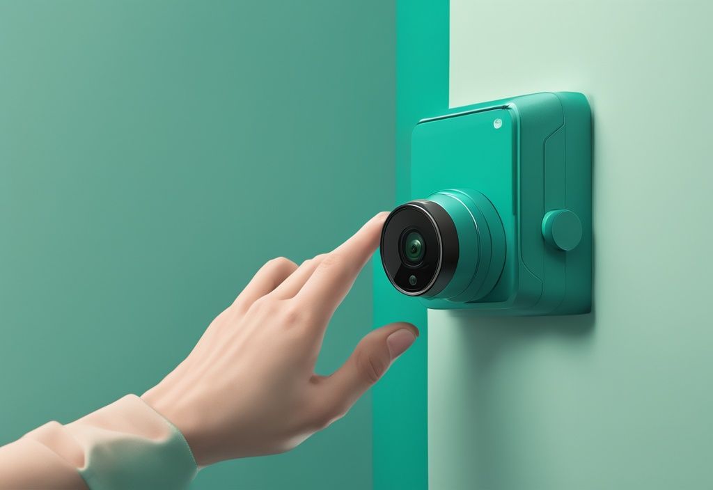 Hand detaching Blink Camera from wall mount with teal color theme