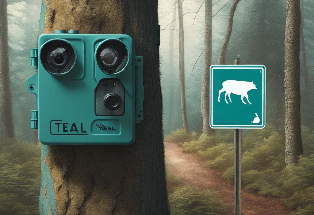 Realistic illustration of a trail camera on a tree in a public forest with a sign indicating legality, answering the question "is it legal to put trail cameras on public land