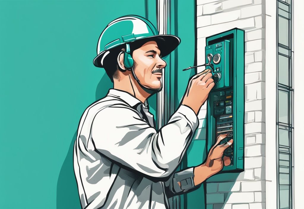 Professional technician performing intercom system installation on residential building wall with teal color theme