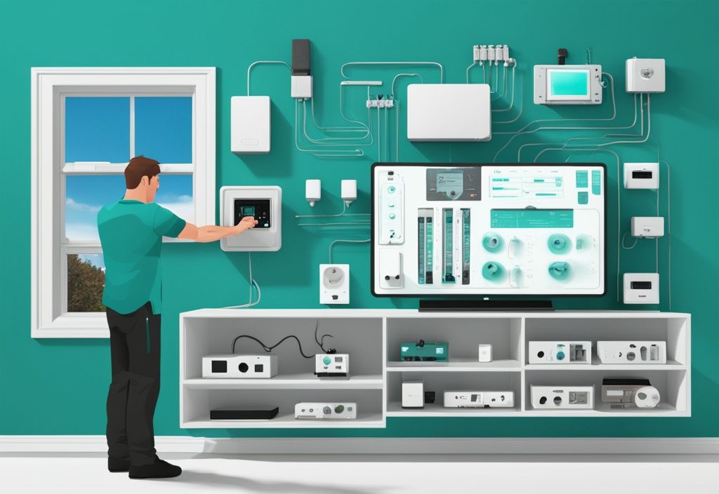 Professional installer performing home automation installation on wall-mounted control panel with surrounding smart devices in teal-themed room