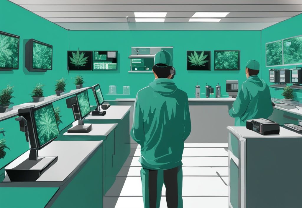 High-tech surveillance system with cameras and monitors in a teal-themed marijuana dispensary replacing traditional security guard