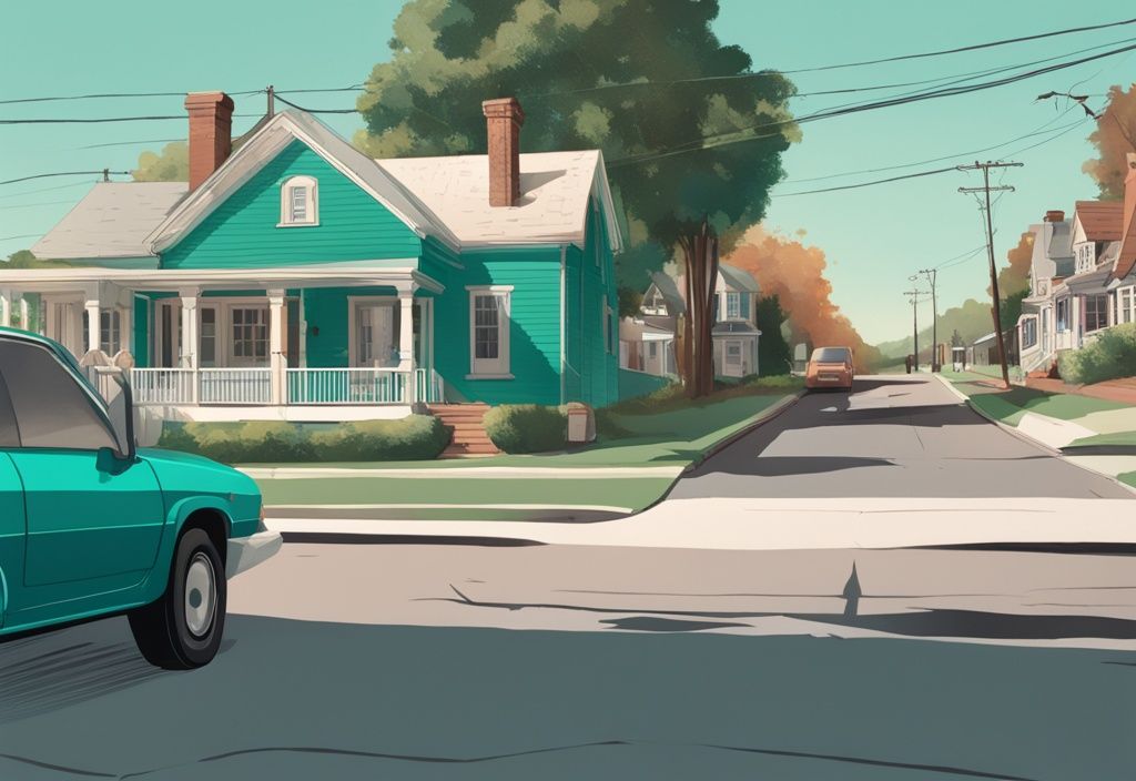 Realistic teal-themed illustration of a residential street with a house, a "No Parking" sign in the yard, and a car driving away, demonstrating how to stop someone parking in front of your house.