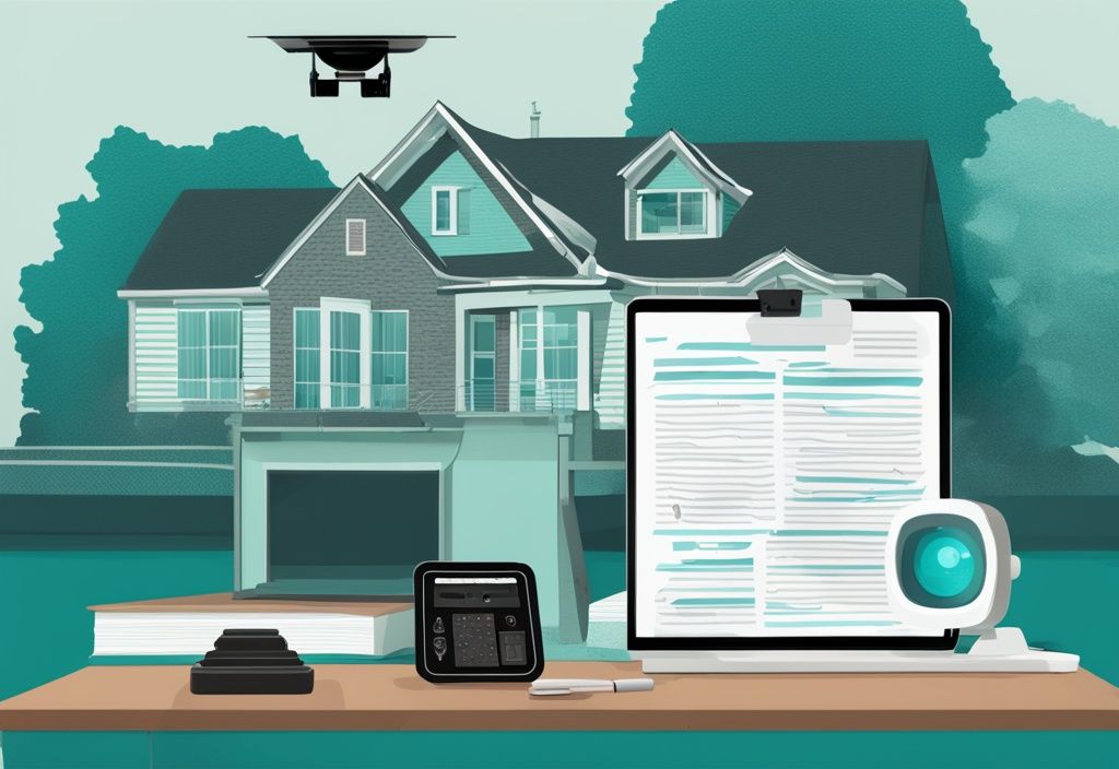 Suburban home with outdoor surveillance camera, teal theme, legal documents and gavel overlay indicating surveillance laws