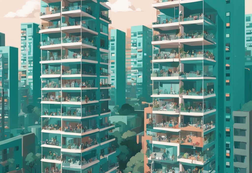 Realistic illustration of a bustling cityscape with high-density housing complexes in teal color theme, featuring people on balconies and common areas.