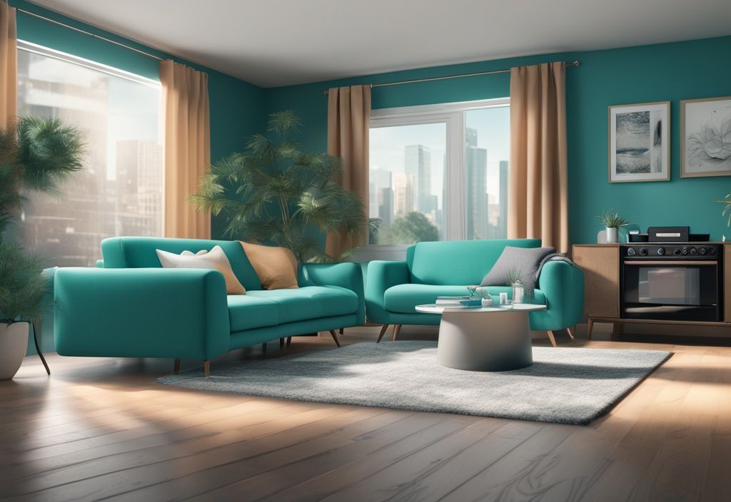 Realistic illustration of best ring cameras for apartments in a modern teal-themed setting.