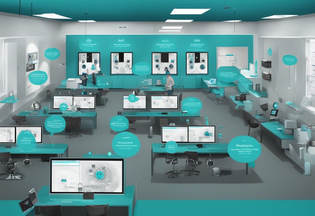 Realistic illustration of various AT&T security cameras with highlighted superior features in a teal color theme