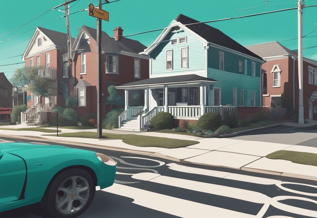 Realistic teal-themed illustration of a residential street with a house, "No Parking" sign in the yard, and a car driving away, depicting how to stop someone parking in front of your house.