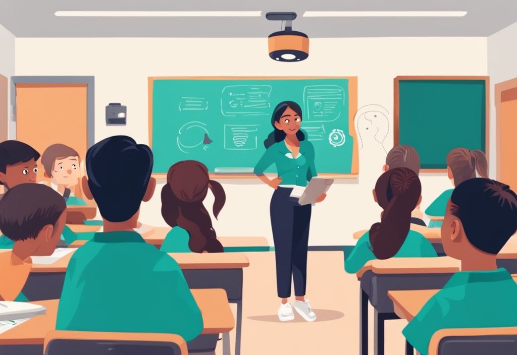 Realistic teal-themed classroom illustration with a security camera, teacher teaching, and students looking at the camera with mixed expressions, raising the question: is it illegal to have cameras in classrooms?