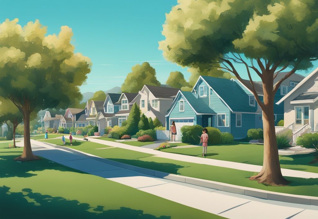 Serene suburban neighborhood in California, safest place to live in California, well-maintained houses, lush green parks, children playing, clear blue sky overhead.