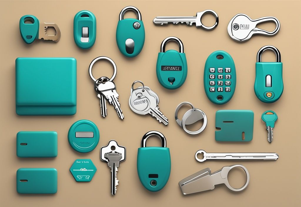 Top-rated commercial key fob door lock systems on a sleek teal-themed office desk