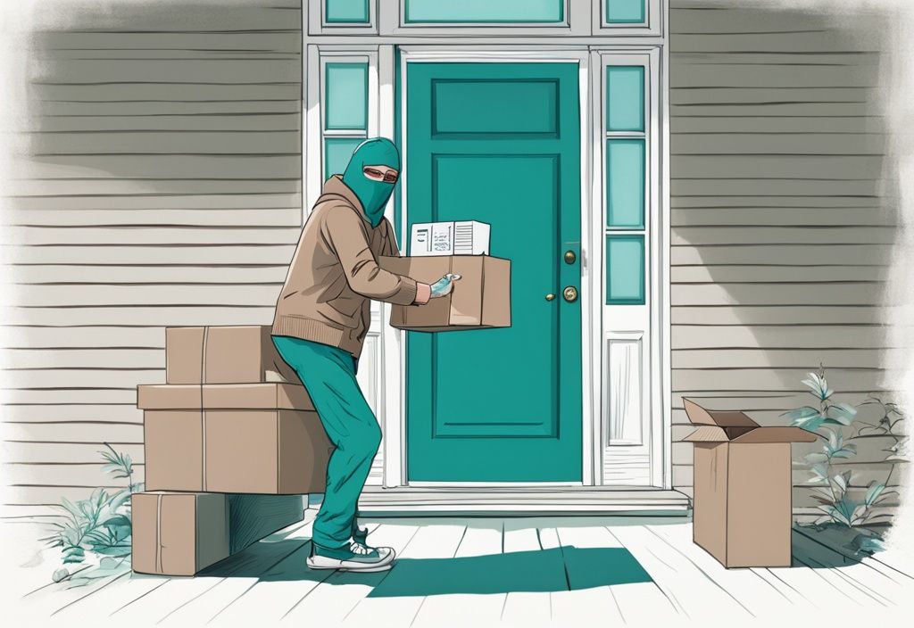 Teal-themed illustration of a disguised person caught on security camera trying to steal a package from a front porch.