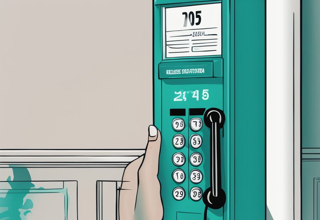 Close-up of teal call box with visible number, hand dialing same number on phone