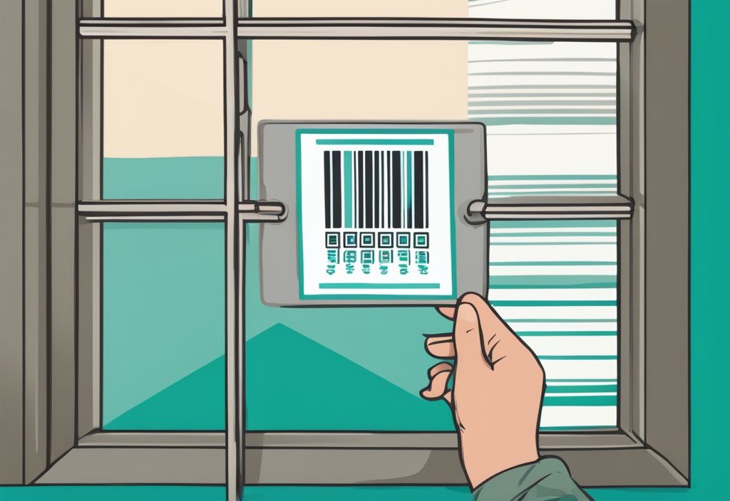 Close-up of a hand using a Mullion Reader to scan a barcode on a teal window frame.