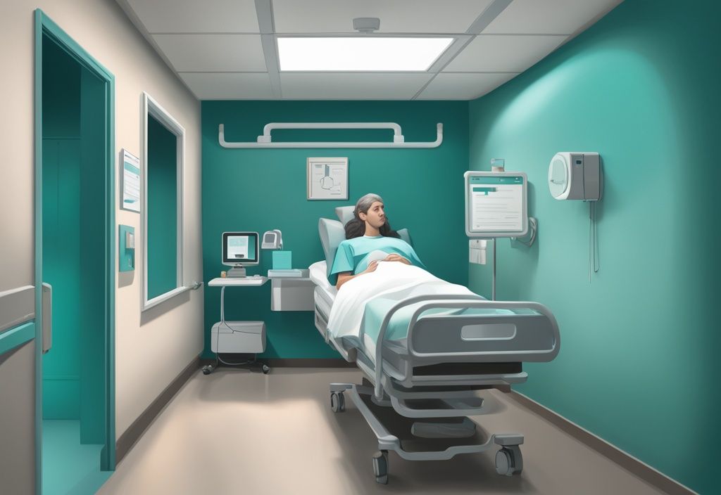 Realistic hospital room with patient in bed, teal color theme, wall-mounted camera, and patient privacy legal document on table