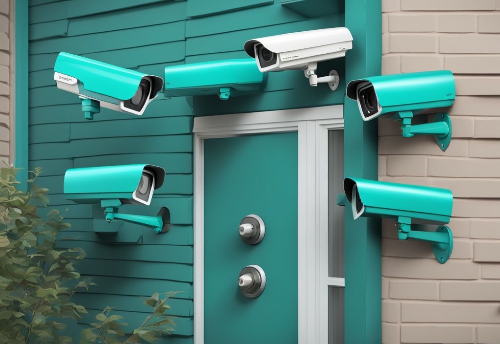 Realistic illustration of a modern house exterior showcasing best outdoor security cameras without subscription in teal color theme, installed wirelessly.