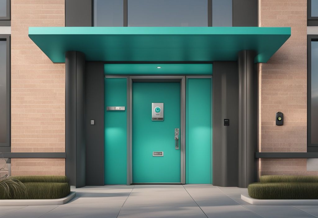 Modern apartment building entrance with teal accents featuring a sleek door buzzer system with multiple buttons and labels.