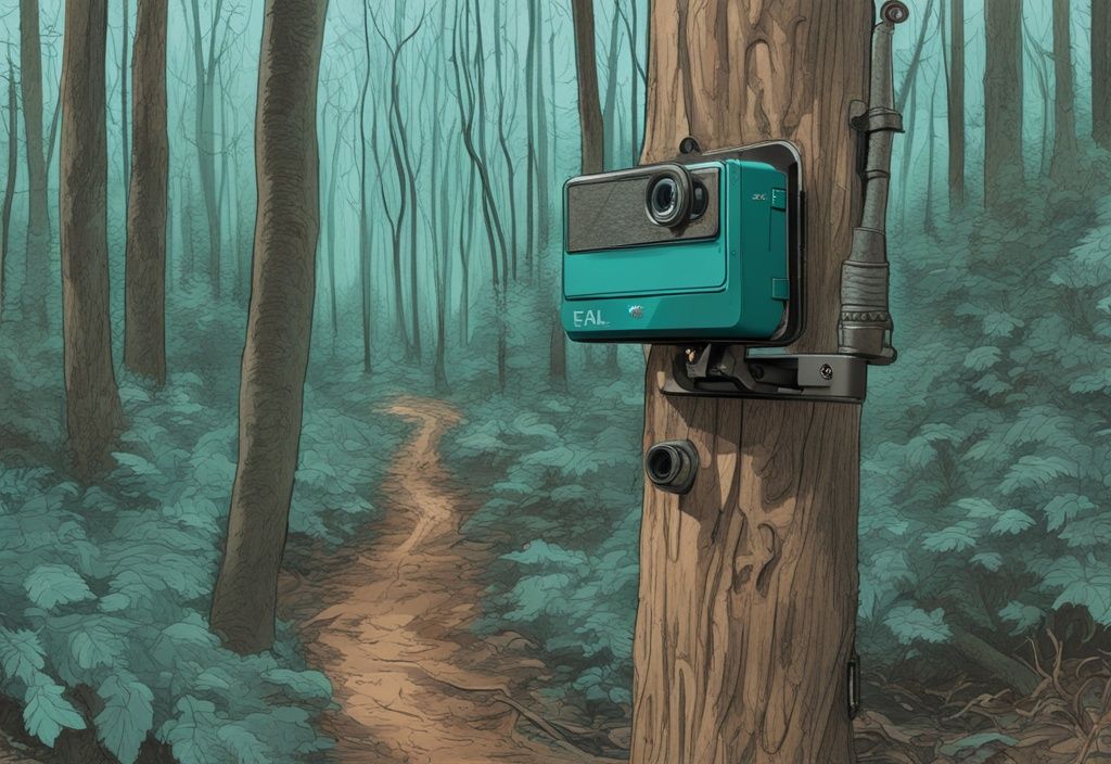 Realistic illustration of a teal-themed trail camera mounted on a tree in a public forest, with a sign indicating legal use.