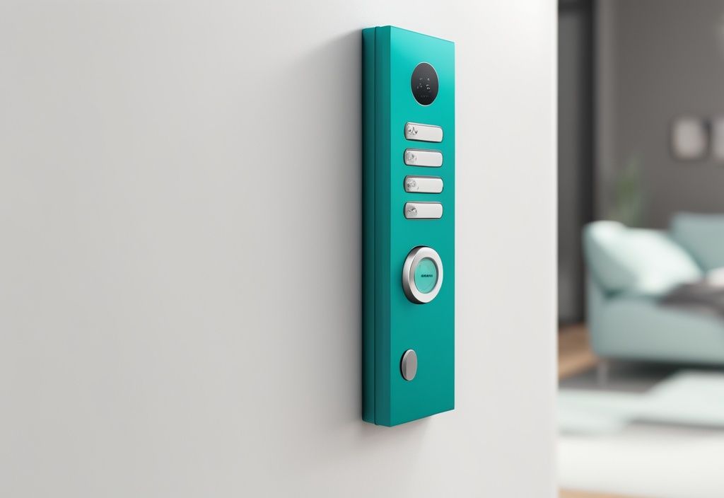 Realistic illustration of a modern apartment intercom system with door release on a sleek white wall, hand pressing button, teal color theme.