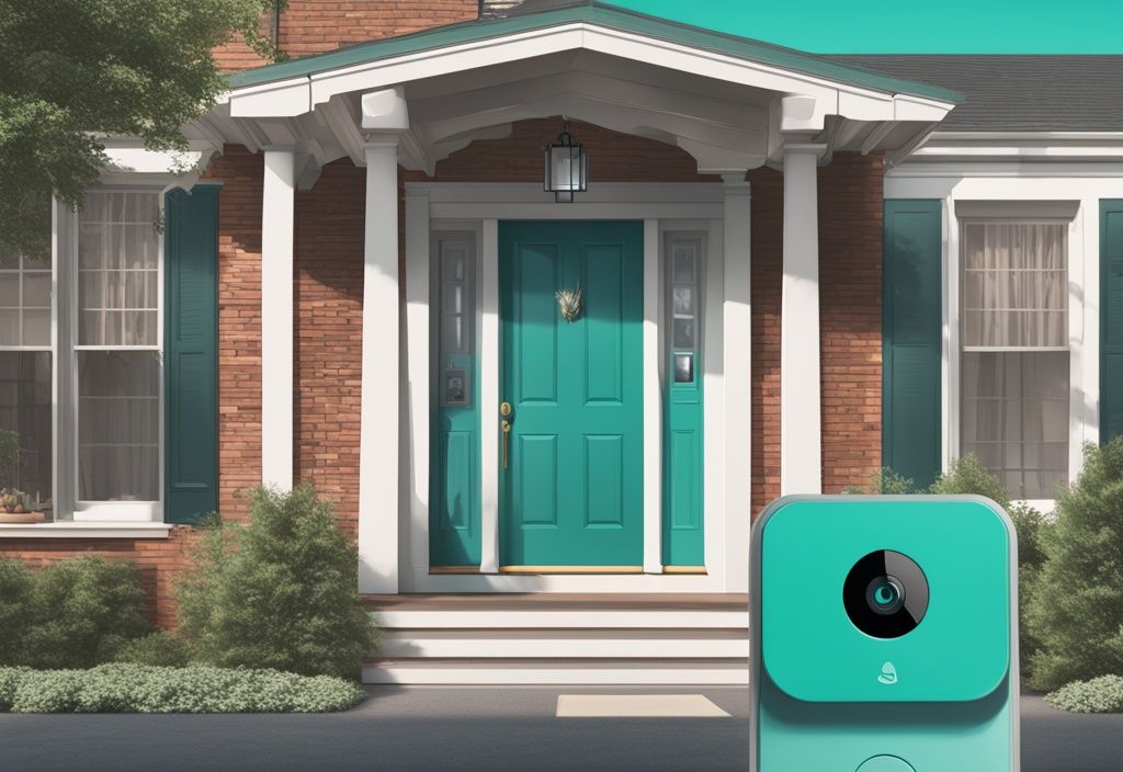 Realistic teal-themed illustration of a doorbell camera attached to a front door, showing a crossed-out signal icon, answering the question "is there a doorbell camera that works without wifi".