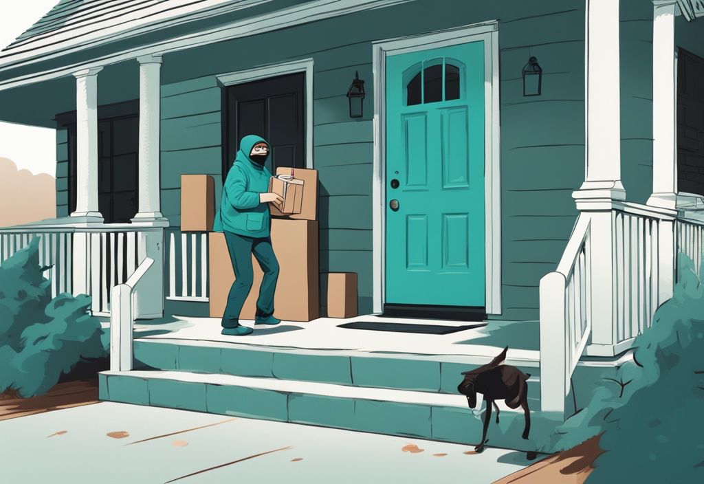 Teal-themed illustration of a disguised person caught on security camera attempting package theft on a front porch.