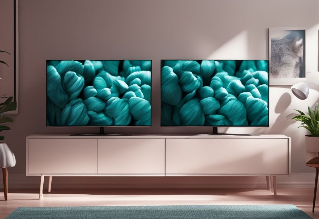 Comparison of 2160p and 4K resolution on two side-by-side televisions with teal color theme, showcasing picture clarity differences.