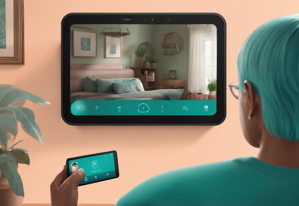 Person viewing live feed from Echo Show camera on smartphone in teal-themed setting