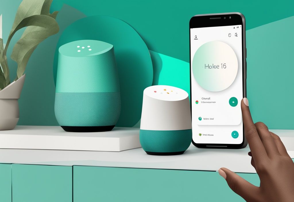 Person reconnecting Google Home to Wi-Fi using smartphone app with teal color theme