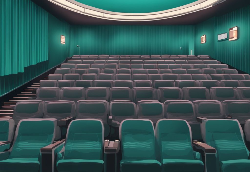 Modern movie theater auditorium in teal with a subtle security camera capturing seats and giant screen