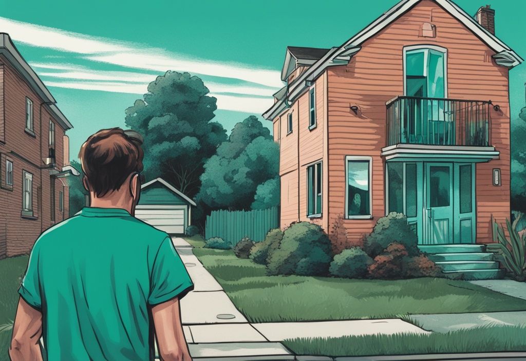 Realistic suburban scene with teal theme, showing one neighbor suspiciously filming from their window while another looks surprised and uncomfortable in their yard, highlighting the concern "can my neighbor record me on my property".