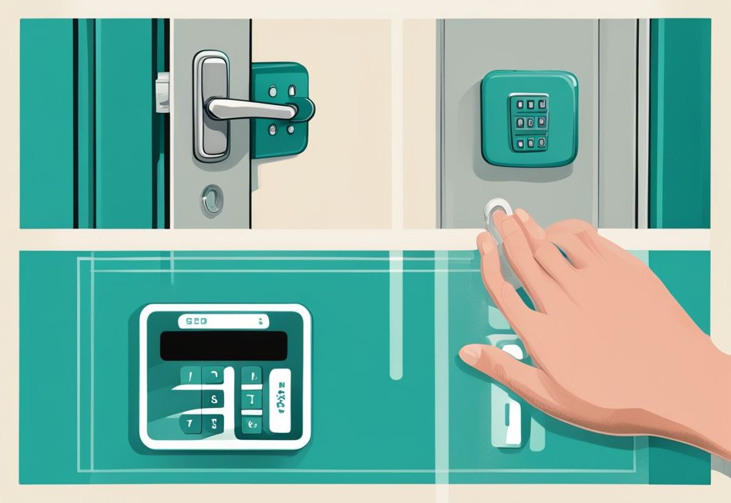 Realistic illustration of Pin pad vs Key Fob Entry: hand entering code on teal pin pad and hand using key fob to unlock door.