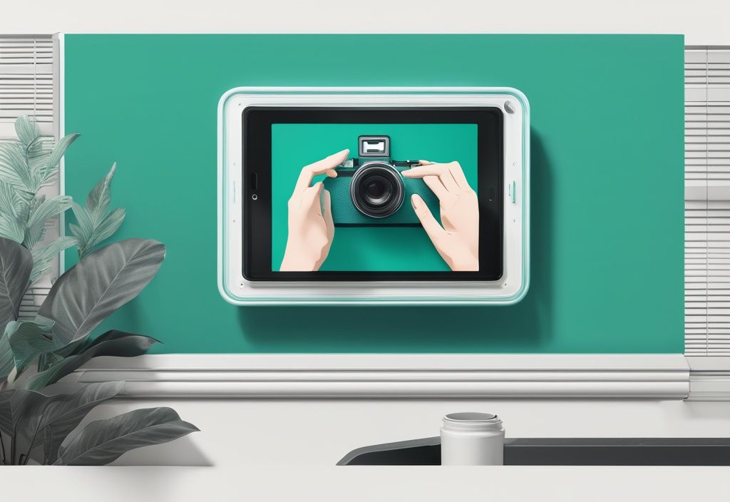 Realistic illustration showing how to remove Blink Camera from mount with hands carefully detaching it from a teal-themed wall mount.