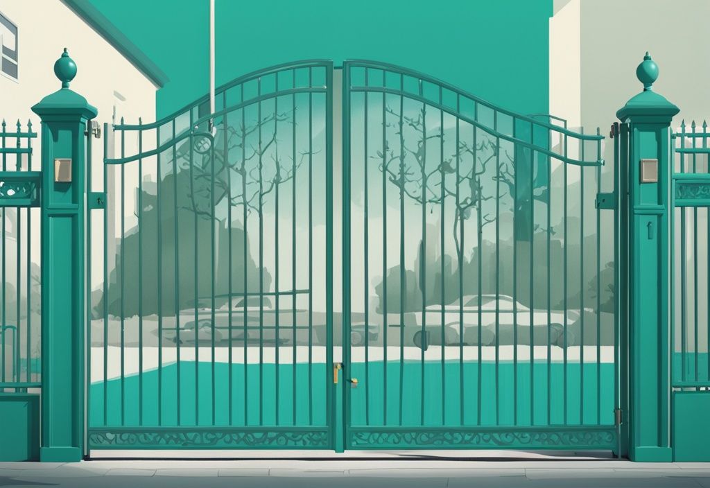 Teal-themed realistic illustration showcasing various security gates including sliding, swing, bi-folding, and pedestrian gates arranged neatly.