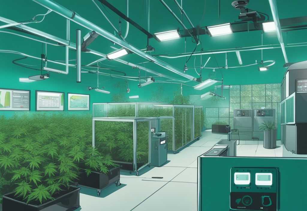 High-tech marijuana security guard alternative with teal-themed surveillance cameras, motion sensors, and advanced locking mechanisms protecting a grow operation.