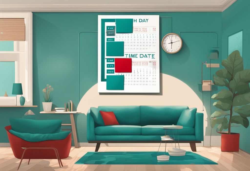 Realistic illustration of a teal-themed cozy living room with a calendar marking days leading up to a red circled date, symbolizing how long can someone stay in your home before they can claim residents.