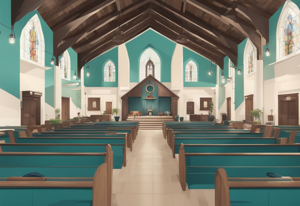 Realistic illustration of top-rated security cameras in a beautifully designed church interior with a teal color theme.