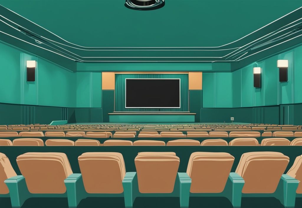 Modern movie theater auditorium in teal tones with a security camera on the wall, capturing seats and a giant screen