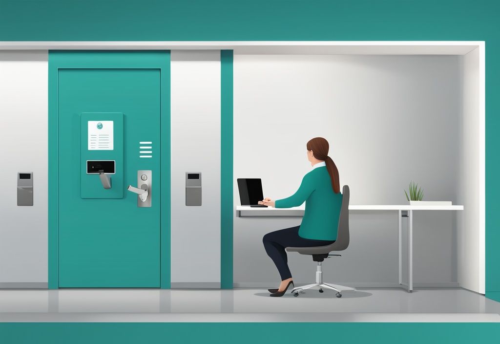 Modern office employee using keycard at electronic door lock, teal-themed Access Control System illustration