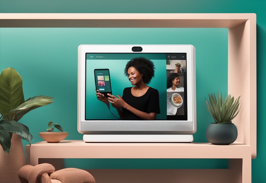 Realistic illustration of a person using the Echo Show app on a phone to view the live feed from an Echo Show camera in another room, demonstrating how to view my echo show camera remotely from phone.