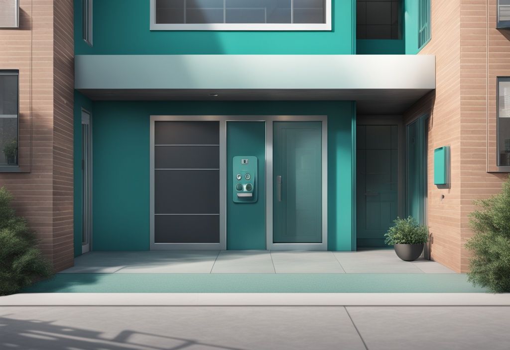 Realistic illustration of a modern apartment front door with a sleek teal intercom system and visible door release button