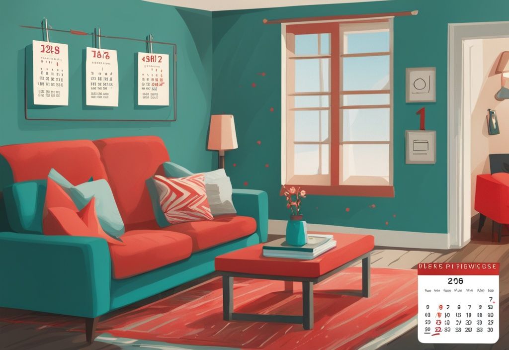 Teal-themed living room with a calendar marking days leading to a red circled date, illustrating how long can someone stay in your home before they can claim residents.