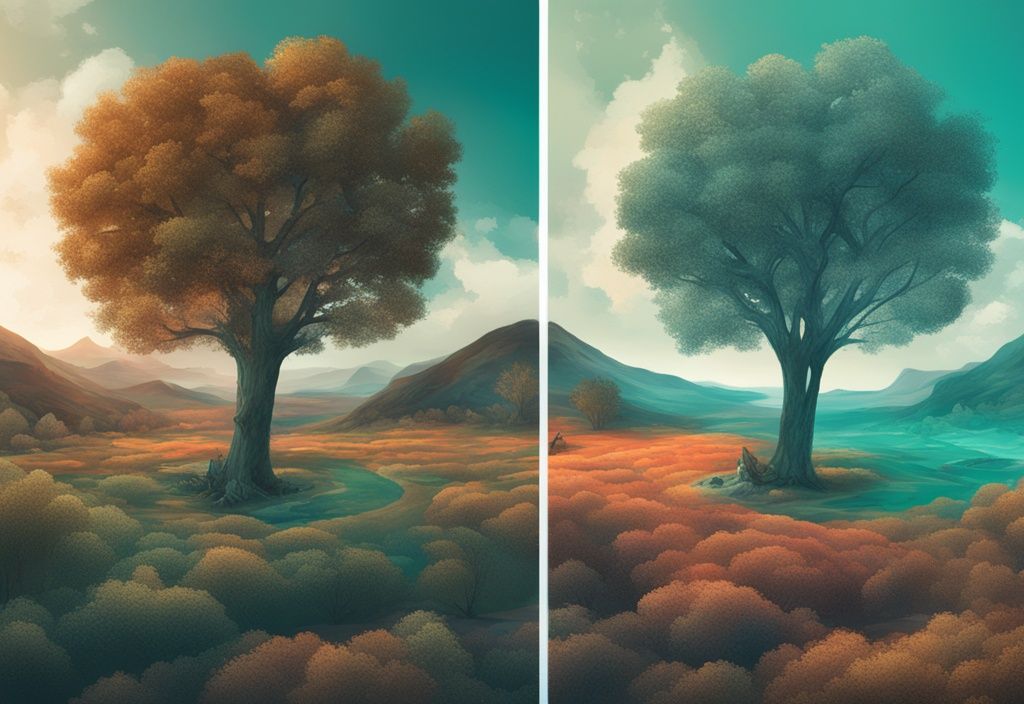 Teal-themed illustration comparing HDR and SDR screens showing vibrant landscape scene with richer colors and deeper contrasts on HDR display.