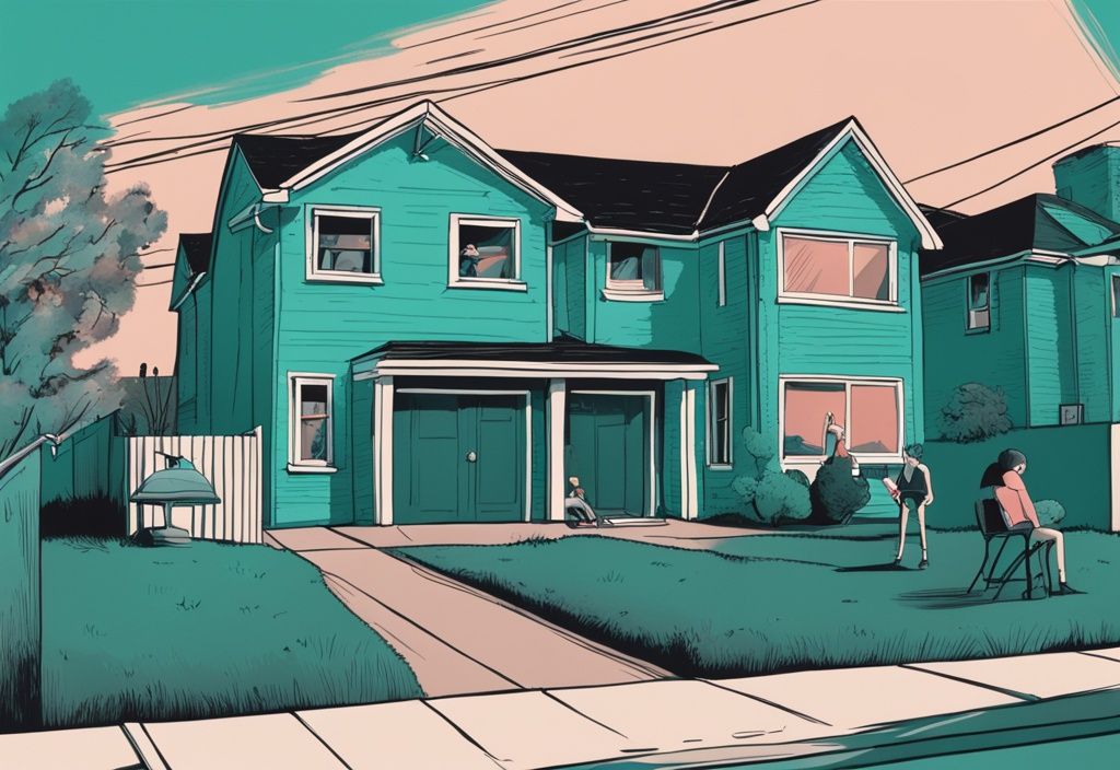 Realistic suburban scene with teal theme showing neighbor suspiciously filming from window while another person looks surprised and uncomfortable in their yard, illustrating the question "can my neighbor record me on my property".