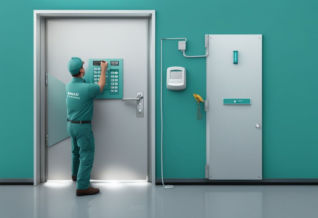 Professional technician installing access control system on modern office door with teal color theme